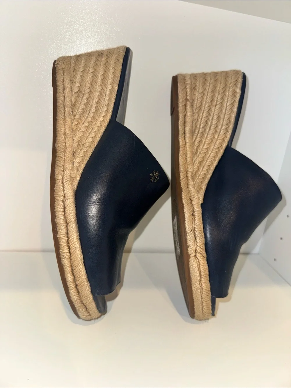 Tory Burch Landon Navy Leather Espadrille Wedge Slide Sandals Size 9
